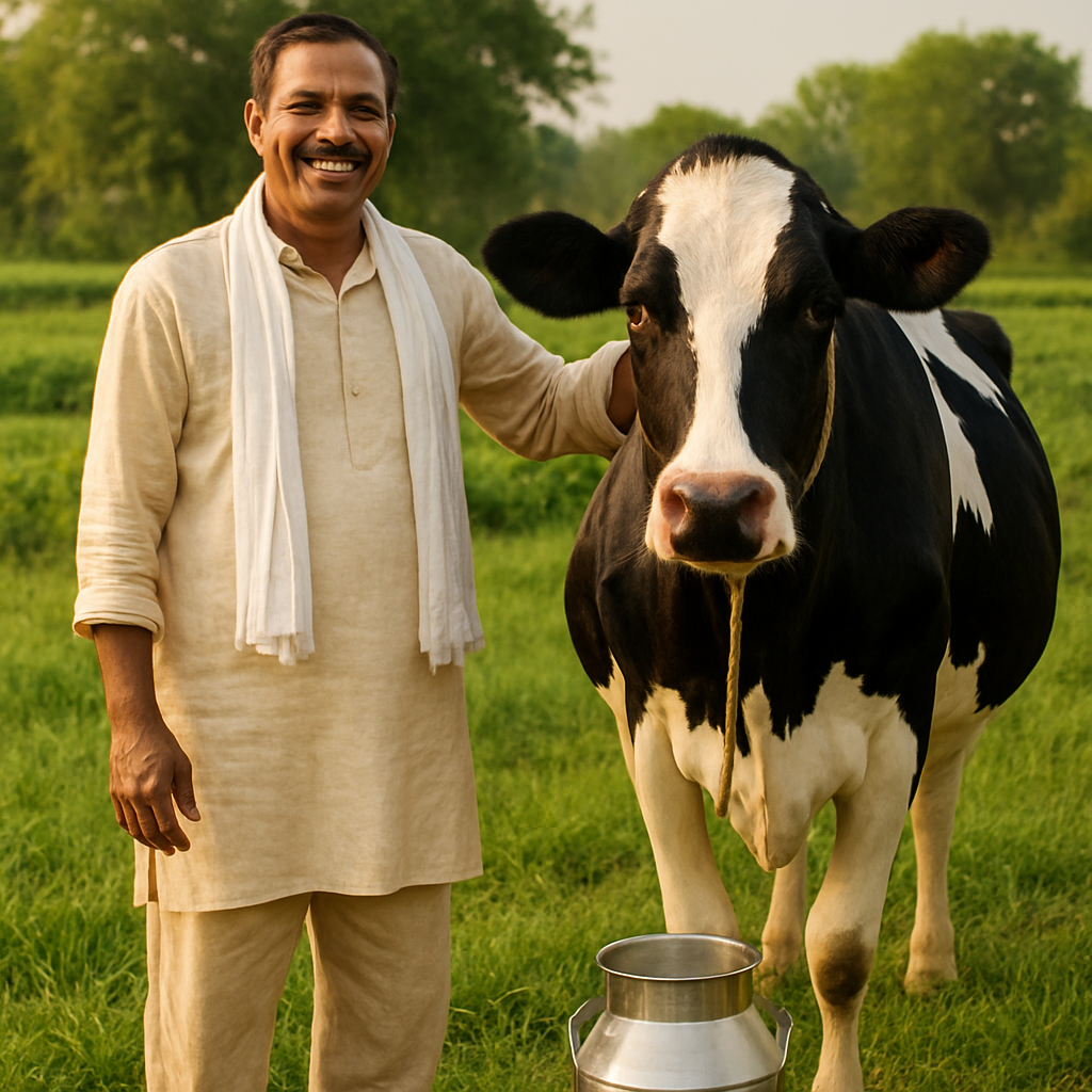 Indian farmer with cow on farm